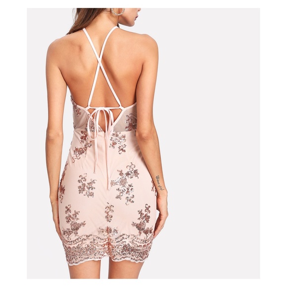 Rose Gold Halter Bodycon Cocktail Sequin Dress - Picture 4 of 5